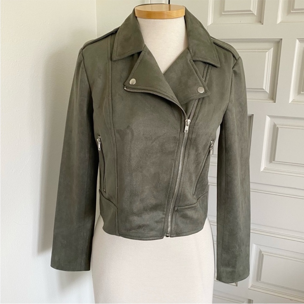 NWT Steve Madden Moto Jacket Olive Green Faux Suede Scuba Coat Womens Small